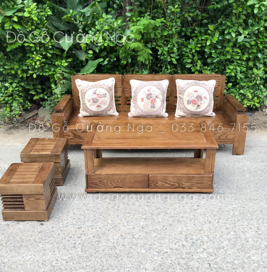 Bộ Ghế Sofa Văng Gỗ Sồi Nga 2m - Lau Màu Óc Chó Kèm Gối Tựa 