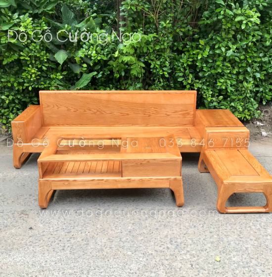 Bộ Ghế Sofa Văng Gỗ Sồi Nga Chân Choãi 2m4 - Lau Màu Gõ Đỏ 