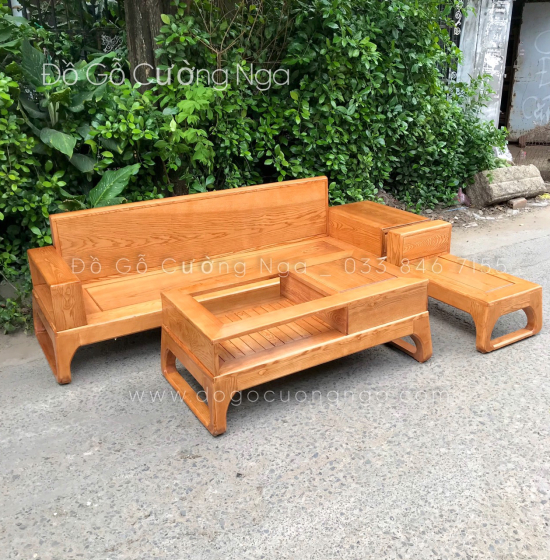 Bộ Ghế Sofa Văng Gỗ Sồi Nga Chân Choãi 2m4 - Lau Màu Gõ Đỏ 