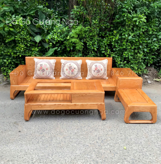 Bộ Ghế Sofa Văng Gỗ Sồi Nga Chân Choãi 2m4 - Lau Màu Gõ Đỏ 