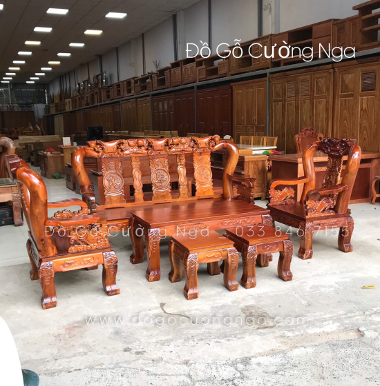Bộ bàn ghế salon gỗ tràm tay 12 - 6 món chạm đào