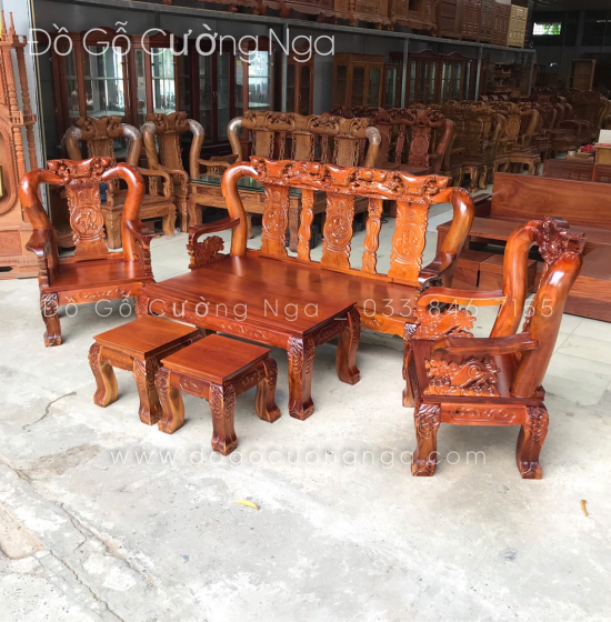 Bộ bàn ghế salon gỗ tràm tay 12 - 6 món chạm đào
