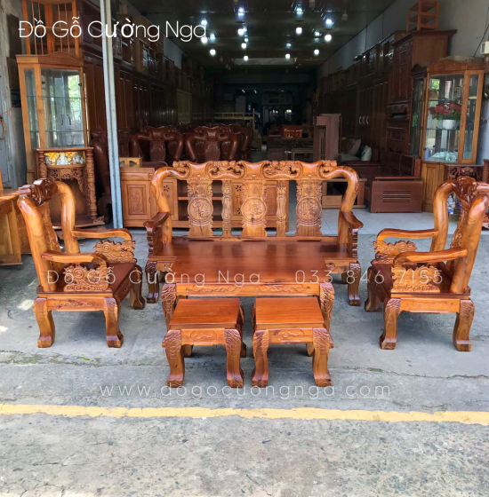 Bộ bàn ghế salon gỗ tràm tay 10 - 6 món màu cánh dán 