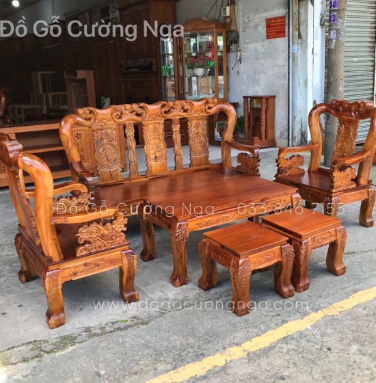 Bộ bàn ghế salon gỗ tràm tay 10 - 6 món màu cánh dán 