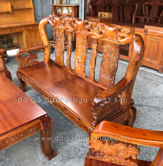 Bộ bàn ghế salon gỗ tràm tay 10 - 6 món màu cánh dán 