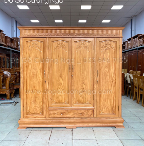 Tủ áo gỗ gõ đỏ 4 cánh - 2m1 mẫu phào vuông 