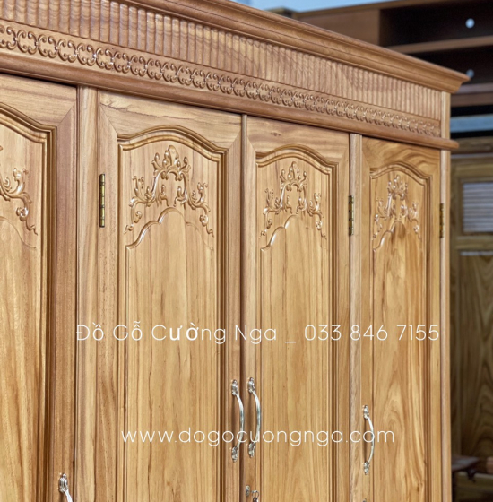Tủ áo gỗ gõ đỏ 4 cánh - 2m1 mẫu phào vuông 