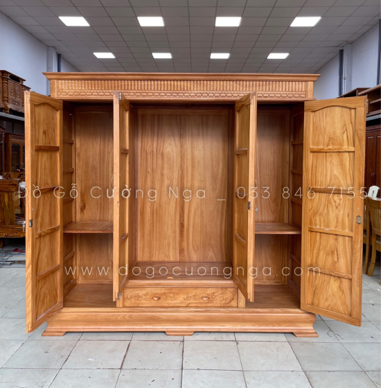 Tủ áo gỗ gõ đỏ 4 cánh - 2m1 mẫu phào vuông 