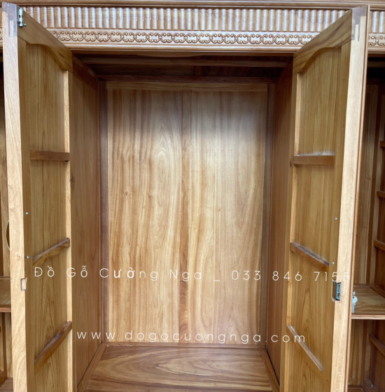 Tủ áo gỗ gõ đỏ 4 cánh - 2m1 mẫu phào vuông 