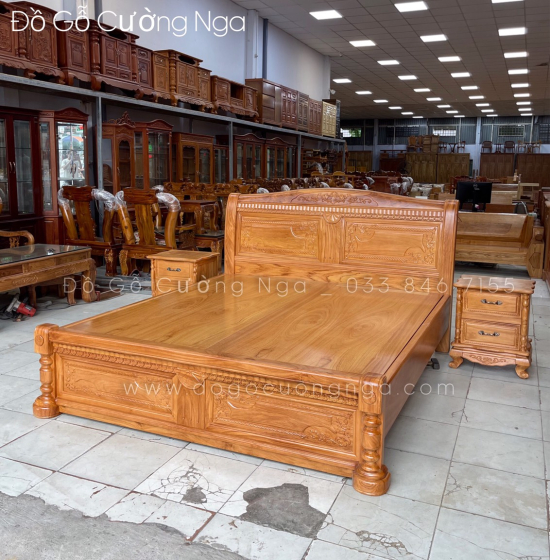 Giường gỗ gõ đỏ vạt phản - quạt x cong 