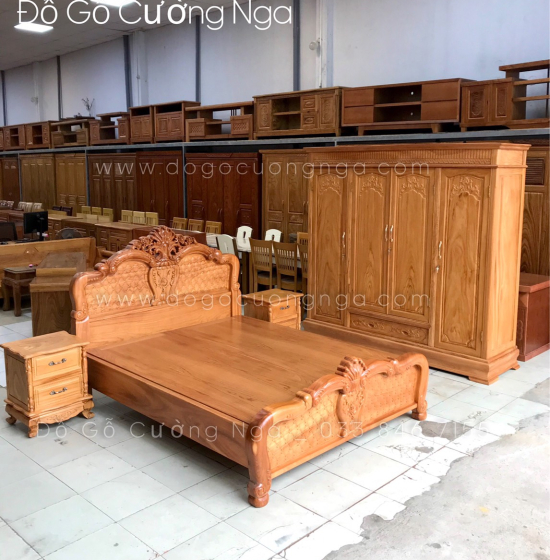 Combo giường tủ phòng ngủ gỗ gõ đỏ - Mẫu hoa hồng 
