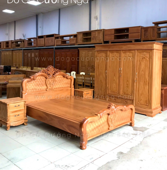 Combo giường tủ phòng ngủ gỗ gõ đỏ - Mẫu hoa hồng 