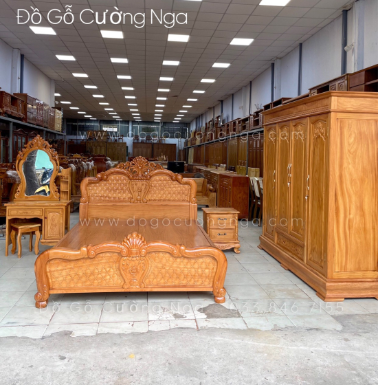 Combo giường tủ phòng ngủ gỗ gõ đỏ - Mẫu hoa hồng 