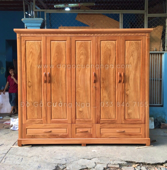 Tủ Áo Gỗ Gõ Đỏ 5 Cánh 3 Buồng Bền Đẹp Hiện Đại 