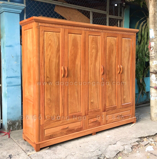 Tủ Áo Gỗ Gõ Đỏ 5 Cánh 3 Buồng Bền Đẹp Hiện Đại 