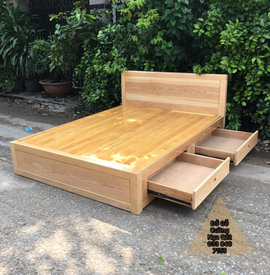 Giường gỗ sồi nga 2 ngăn kéo mẫu trơn - vạt phản 