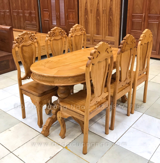 Bộ bàn ăn gỗ gõ đỏ 6 ghế cao cấp - mẫu ovan 