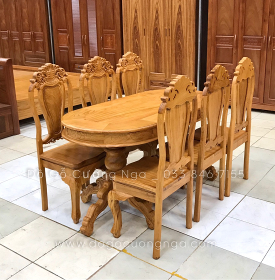 Bộ bàn ăn gỗ gõ đỏ 6 ghế cao cấp - mẫu ovan 
