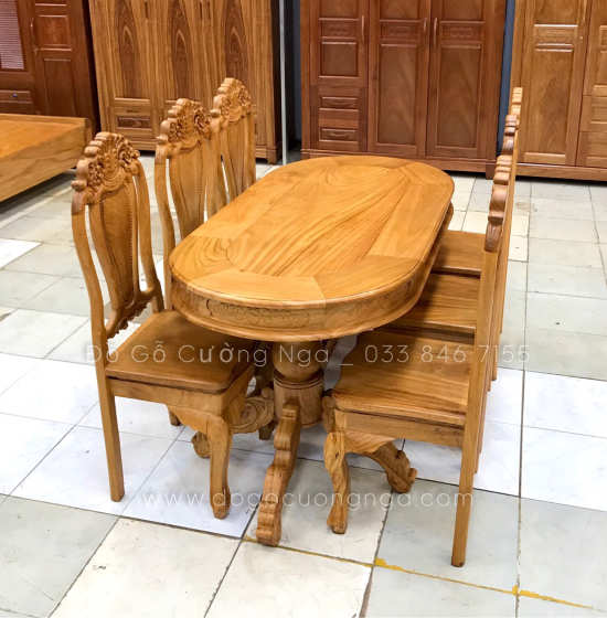 Bộ bàn ăn gỗ gõ đỏ 6 ghế cao cấp - mẫu ovan 