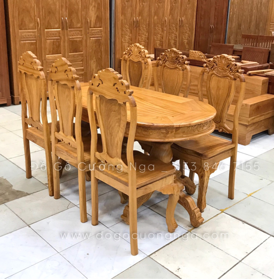 Bộ bàn ăn gỗ gõ đỏ 6 ghế cao cấp - mẫu ovan 