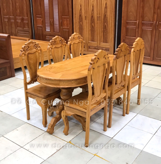 Bộ bàn ăn gỗ gõ đỏ 6 ghế cao cấp - mẫu ovan 