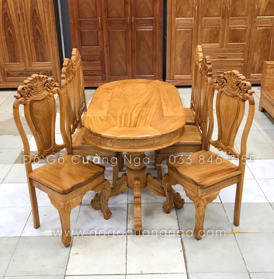 Bộ bàn ăn gỗ gõ đỏ 6 ghế cao cấp - mẫu ovan 