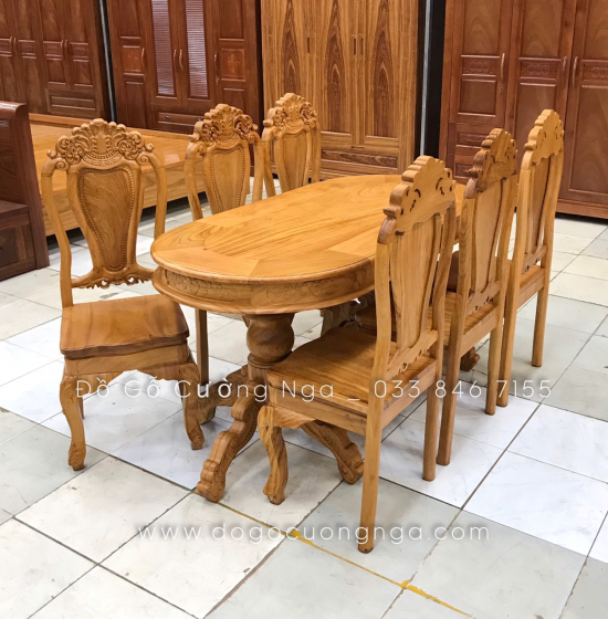 Bộ bàn ăn gỗ gõ đỏ 6 ghế cao cấp - mẫu ovan 