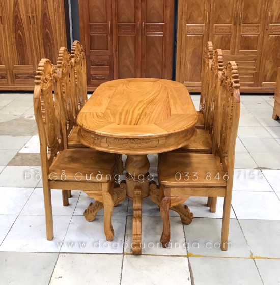Bộ bàn ăn gỗ gõ đỏ 6 ghế cao cấp - mẫu ovan 