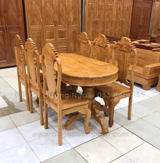 Bộ bàn ăn gỗ gõ đỏ 6 ghế cao cấp - mẫu ovan 