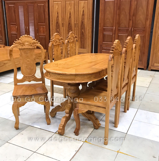 Bộ bàn ăn gỗ gõ đỏ 6 ghế cao cấp - mẫu ovan 
