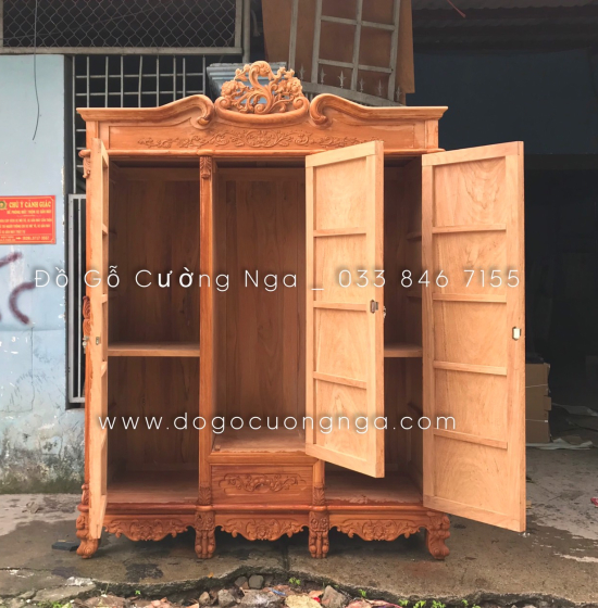 Tủ áo gỗ gõ đỏ 3 cánh - 1m6 cao cấp 