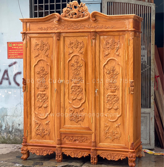 Tủ áo gỗ gõ đỏ 3 cánh - 1m6 cao cấp 