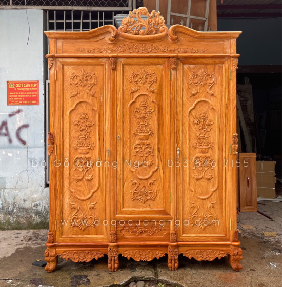 Tủ áo gỗ gõ đỏ 3 cánh - 1m6 cao cấp 