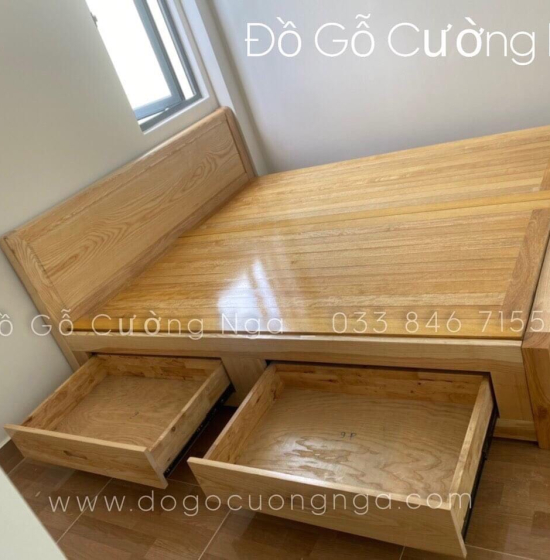 Giường gỗ sồi nga 2 ngăn kéo mẫu trơn - vạt phản 