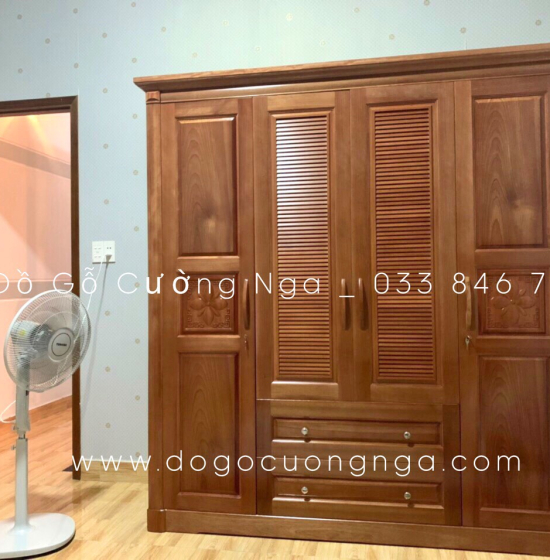 Tủ quần áo gỗ xoan đào 4 cánh hiện đại - hoa thị lá sách 