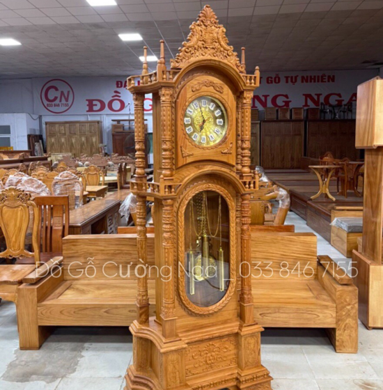 Đồng Hồ Cây Gỗ Gõ Đỏ 2m3 - Mẫu Tháp 