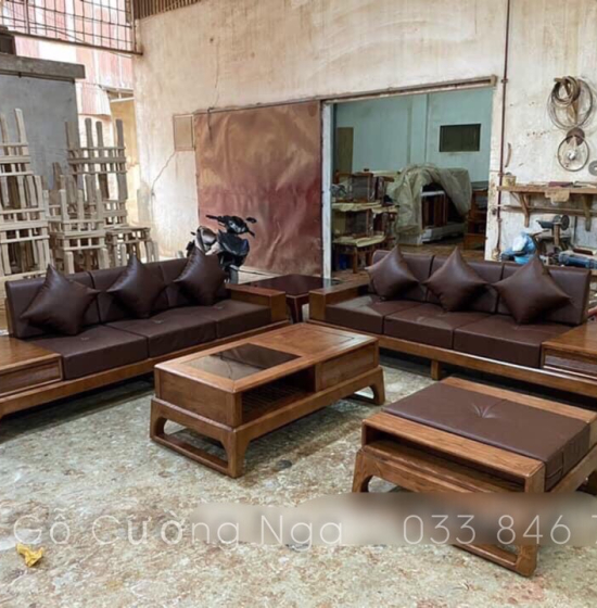Bộ bàn ghế sofa 2 văng chân hươu gỗ sồi nga - màu óc chó 