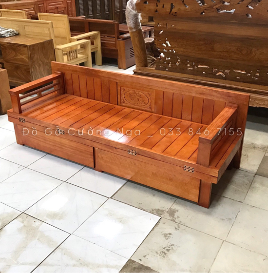 Giường gấp ô kéo gỗ sồi 1m2x1m9 - màu cánh gián 