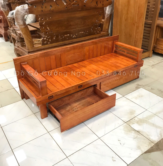 Giường gấp ô kéo gỗ sồi 1m2x1m9 - màu cánh gián 