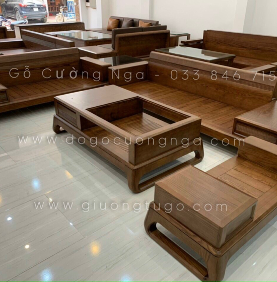 Bộ bàn ghế sofa 2 văng chân hươu gỗ sồi nga - màu óc chó 