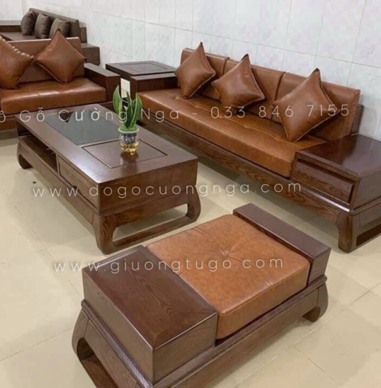 Bộ bàn ghế sofa 2 văng chân hươu gỗ sồi nga - màu óc chó 