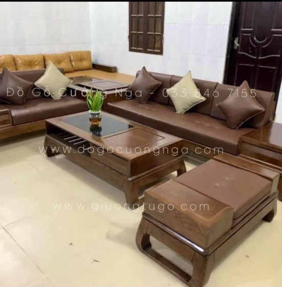 Bộ bàn ghế sofa 2 văng chân hươu gỗ sồi nga - màu óc chó 