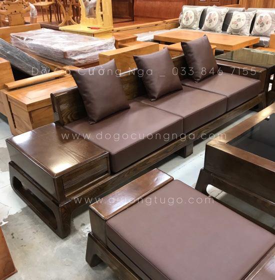 Bộ Sofa Gỗ Sồi Nga 2 Văng Chân Quỳ Óc Chó Cao Cấp ( Tặng Nệm)