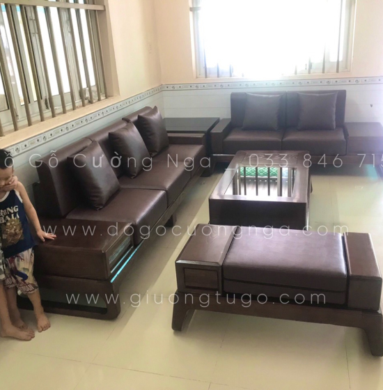 Bộ Sofa Gỗ Sồi Nga 2 Văng Chân Quỳ Óc Chó Cao Cấp ( Tặng Nệm)