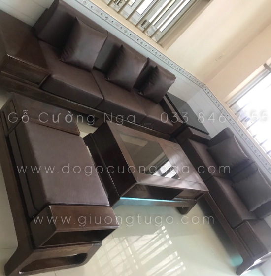 Bộ Sofa Gỗ Sồi Nga 2 Văng Chân Quỳ Óc Chó Cao Cấp ( Tặng Nệm)