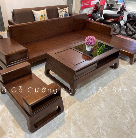 Bộ Bàn Ghế Sofa Góc L Gỗ Sồi Nga Màu Óc Chó Kèm Nệm - Vế Phải