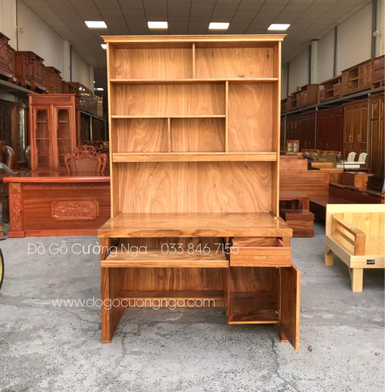 Bàn Ghế Học Sinh Gỗ Hương Xám 1m Có Kệ Sách BH 24.1