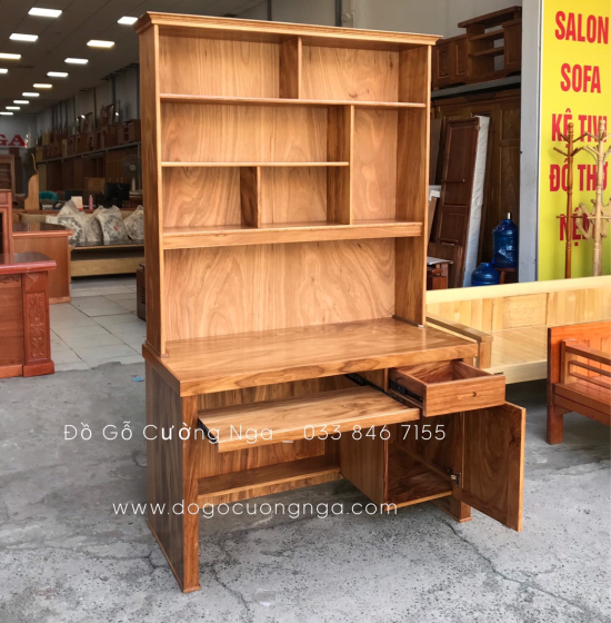 Bàn Học Sinh Gỗ Hương Xám 1m2 Kèm Giá Sách Hiện Đại 