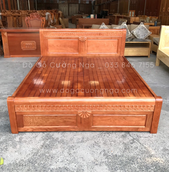 Giường gỗ sồi nga vạt phản mẫu quạt - màu cánh gián