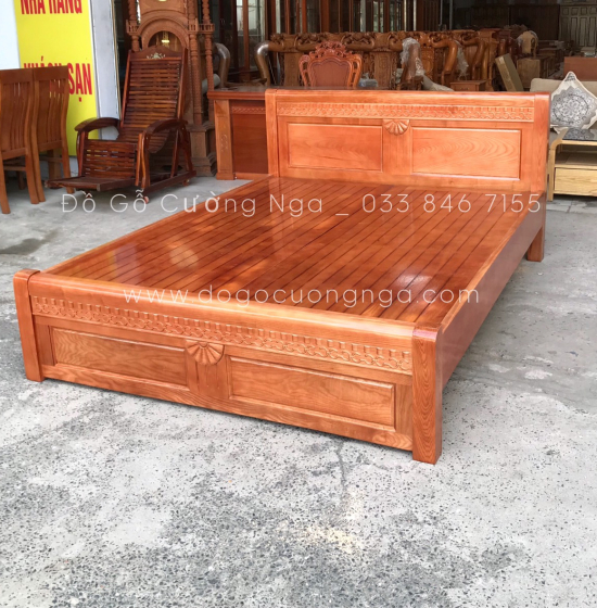 Giường gỗ sồi nga vạt phản mẫu quạt - màu cánh gián